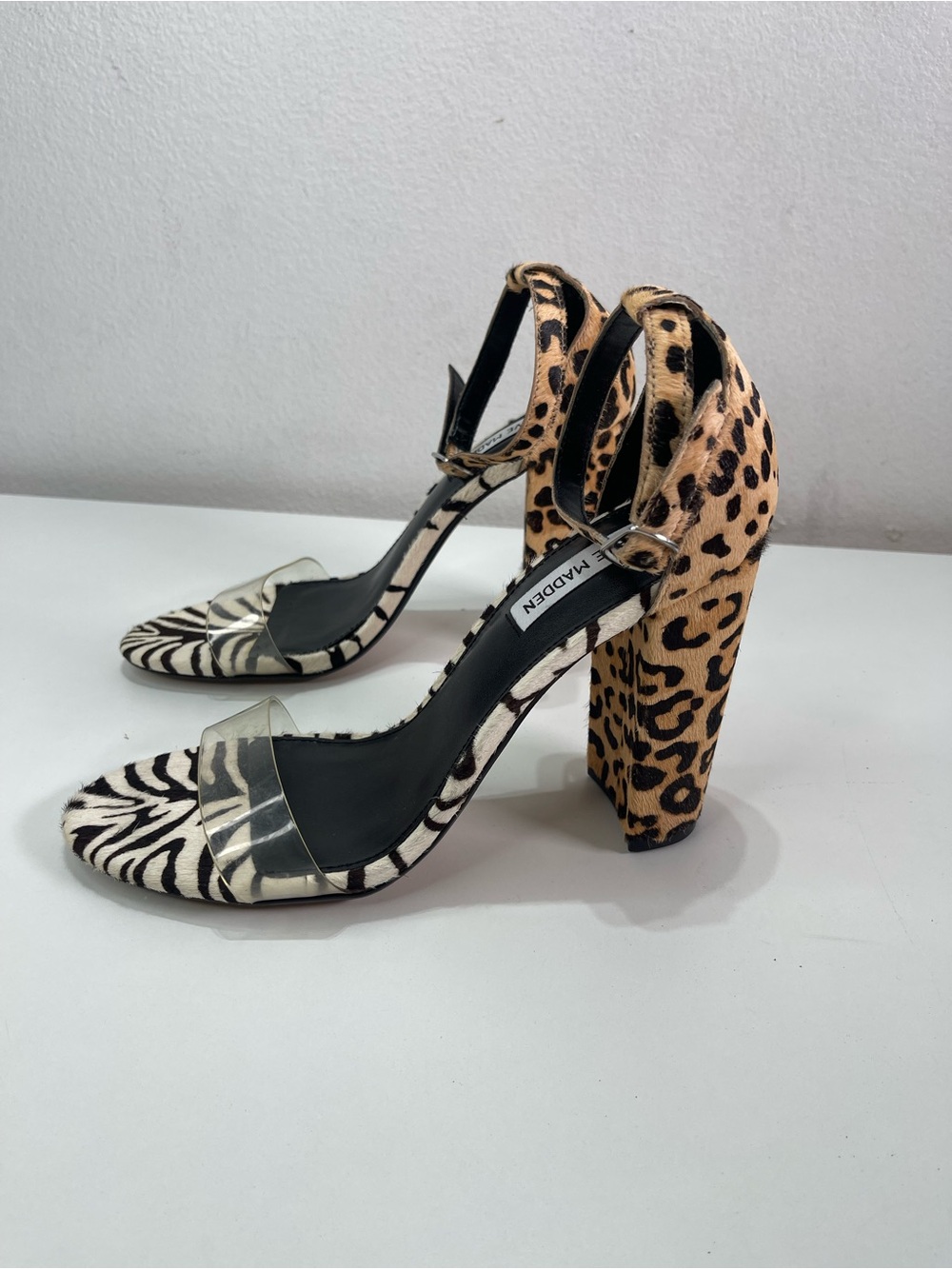 Steve Madden 9.5M Platform Heels Real Fur Hair Mix Animal Print Strap Sandals